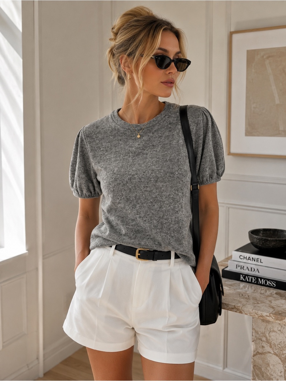 Zara Grey Puff Sleeve Knit Top Women’s Medium